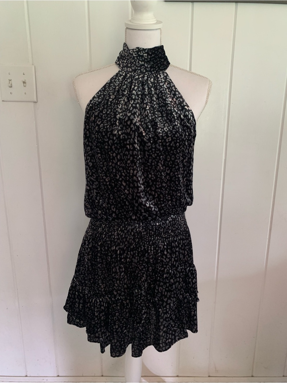Ramy Brook Evangeline Velvet Silk Blend Black Silver Leopard Print Halter Dress